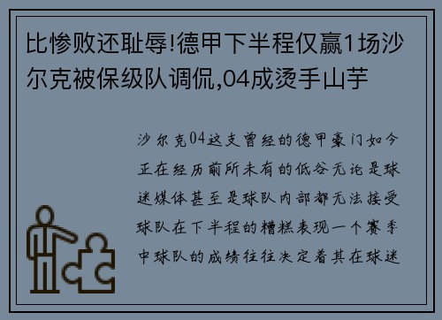 比惨败还耻辱!德甲下半程仅赢1场沙尔克被保级队调侃,04成烫手山芋