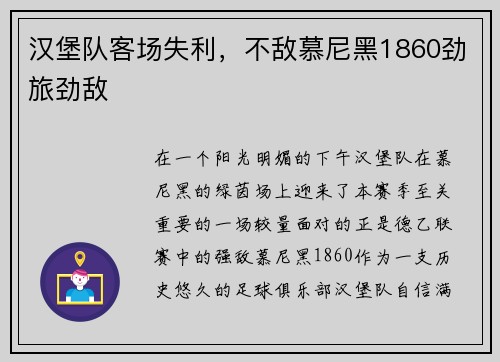 汉堡队客场失利，不敌慕尼黑1860劲旅劲敌