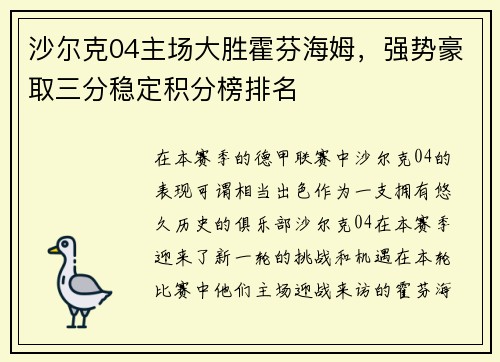 沙尔克04主场大胜霍芬海姆，强势豪取三分稳定积分榜排名