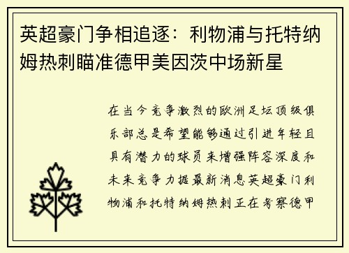 英超豪门争相追逐：利物浦与托特纳姆热刺瞄准德甲美因茨中场新星