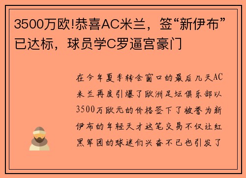 3500万欧!恭喜AC米兰，签“新伊布”已达标，球员学C罗逼宫豪门