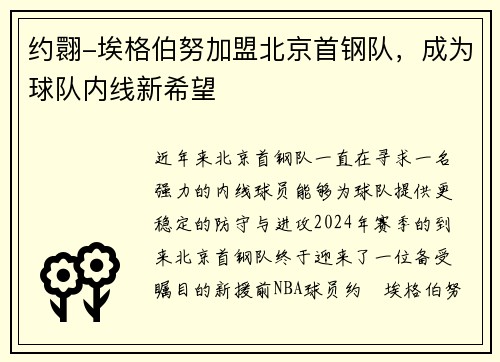 约翾-埃格伯努加盟北京首钢队，成为球队内线新希望