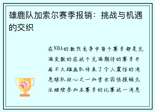 雄鹿队加索尔赛季报销：挑战与机遇的交织