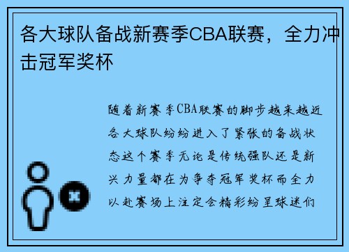 各大球队备战新赛季CBA联赛，全力冲击冠军奖杯